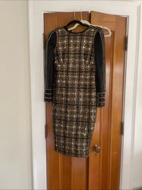 Aquilano Rimondi Black and Gold Sequin Midi Sheath Dress
